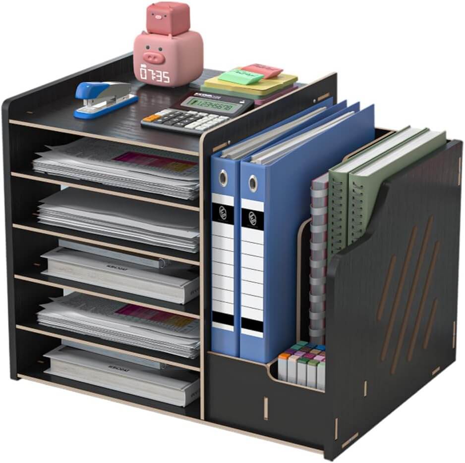 Hggzeg Organizador de escritorio de madera, gran capacidad, organizador de archivos, documentos de papel A4, caja de almacenamiento