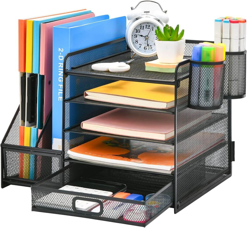 Marbrasse Organizador Escritorio con 5 Niveles, Bandeja para Cartas con Cajón y 2 Portalápices, Negro