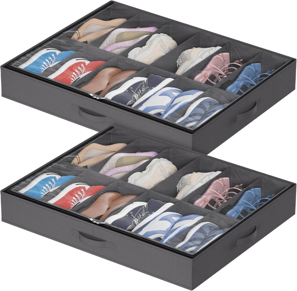 Cajas Almacenaje Zapatos Plegables para Debajo de la Cama con Asas, tapa transparente, Gris, 12 Pares