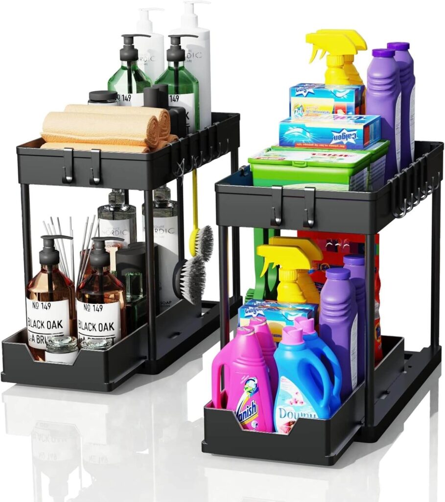 Meltrck 2 Paquete Organizador Cocina de 2 Niveles para Debajo del Fregadero, Extraíble con 16 Ganchos, Negro