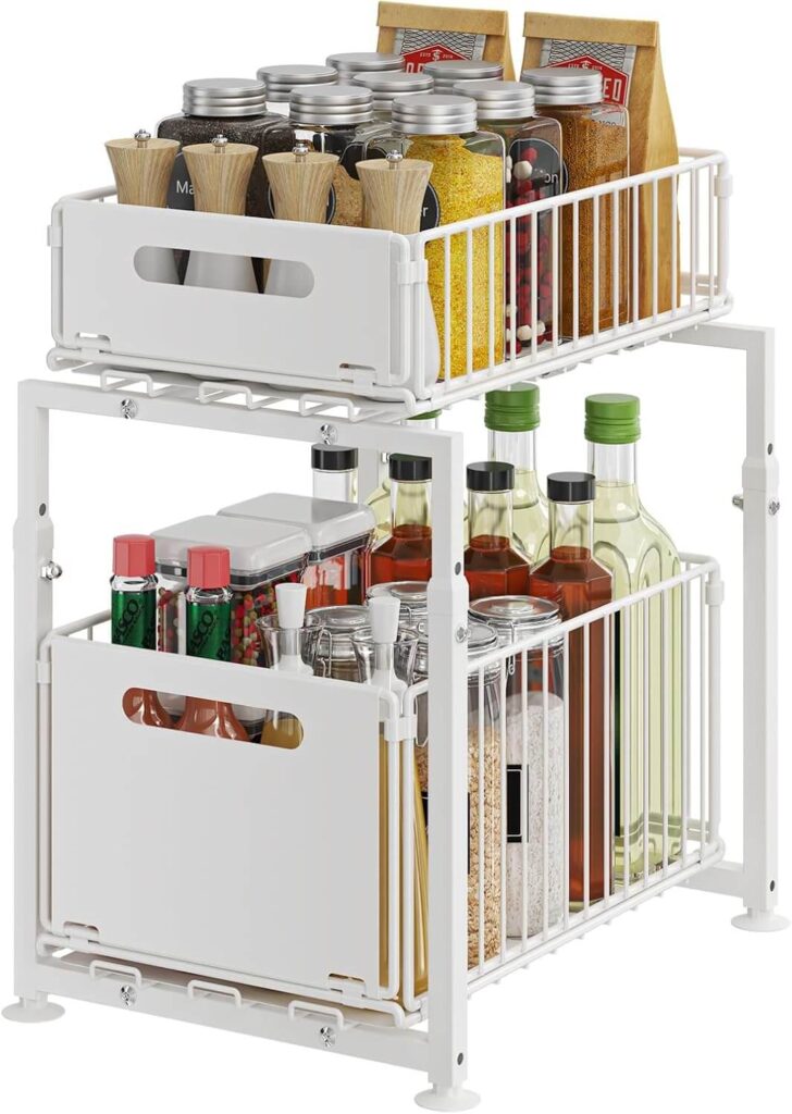 YunNasi Organizador de Cocina y Almacenamiento bajo Fregadero de Metal con 2 Niveles, Extraíble, Estante para Especias, Blanco