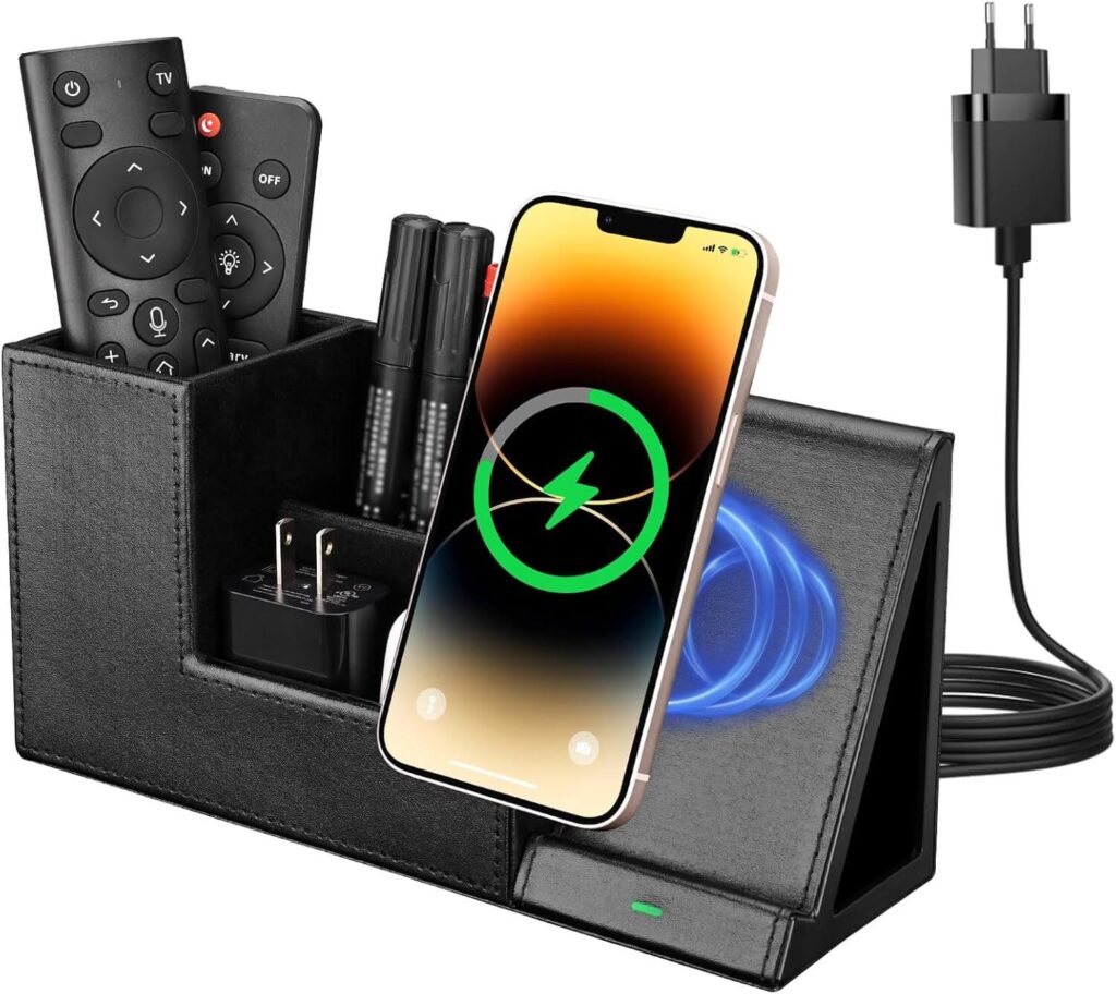GORESE Organizador de escritorio 2 en 1 con cargador inalámbrico rápido, estación de carga inductiva de 10W para iPhone y Samsung Galaxy