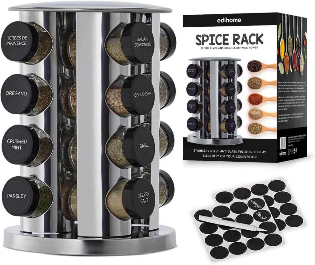 edihome, Especieros para Cocina, 16 Botes para Especias, con Tapas y dosificadores individuales, Organizador Giratorio 360º
