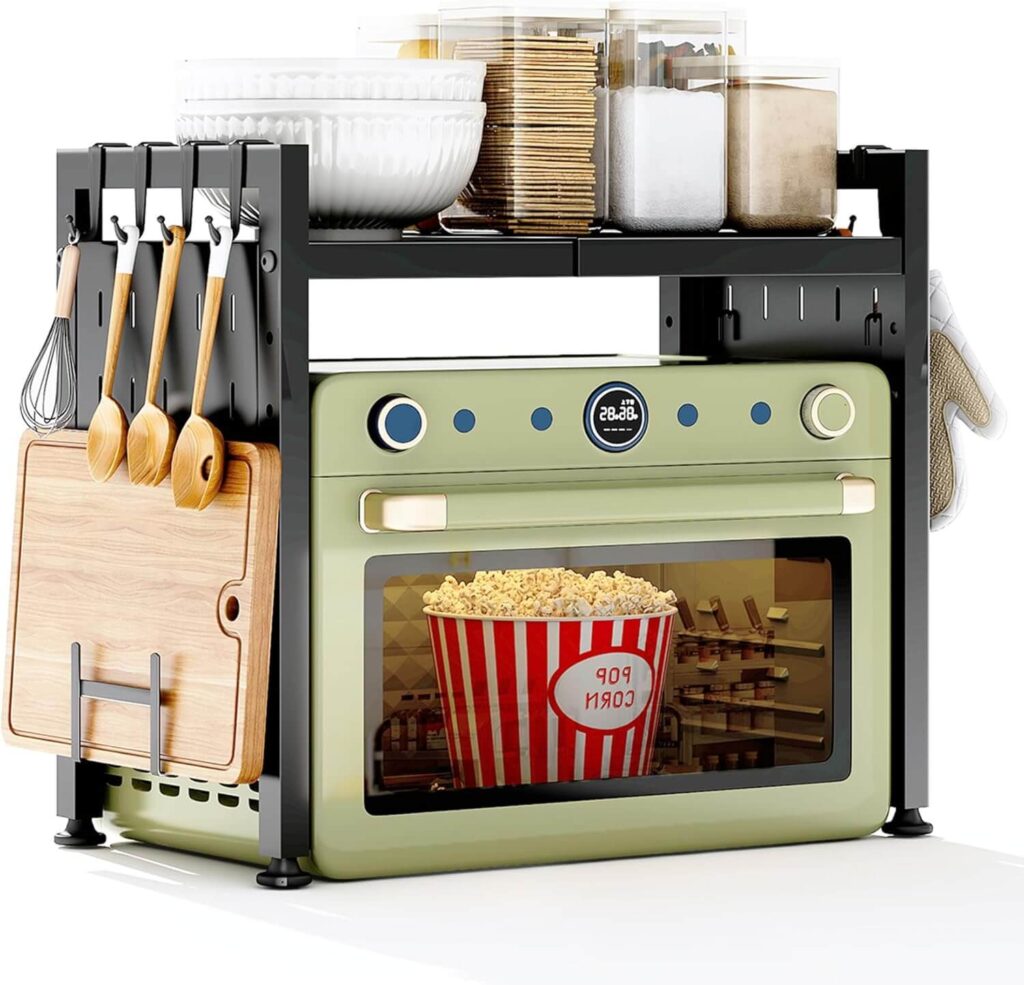 SAYZH Soporte Microondas Extensible, 2 Niveles con 10 Ganchos, 40-70 cm, Negro