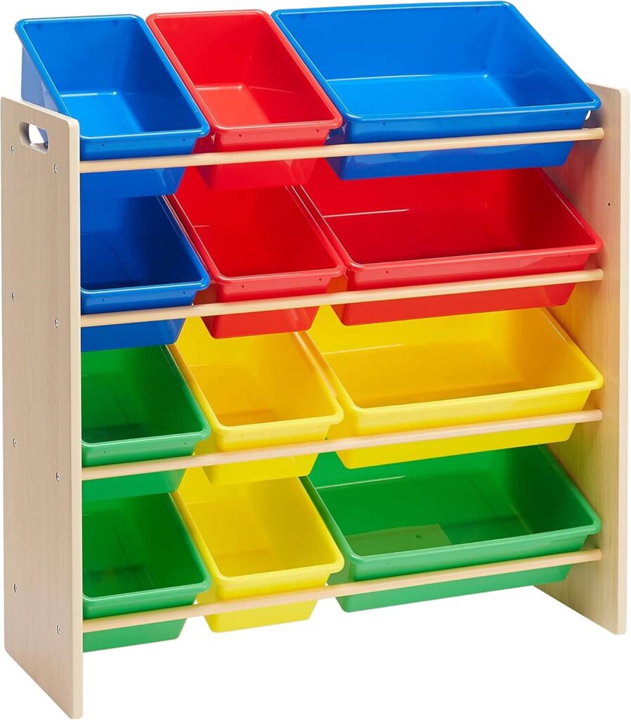 Amazon Basics Organizador de juguetes con 12 compartimentos de plástico, Madera Natural Con Compartimentos Brillantes