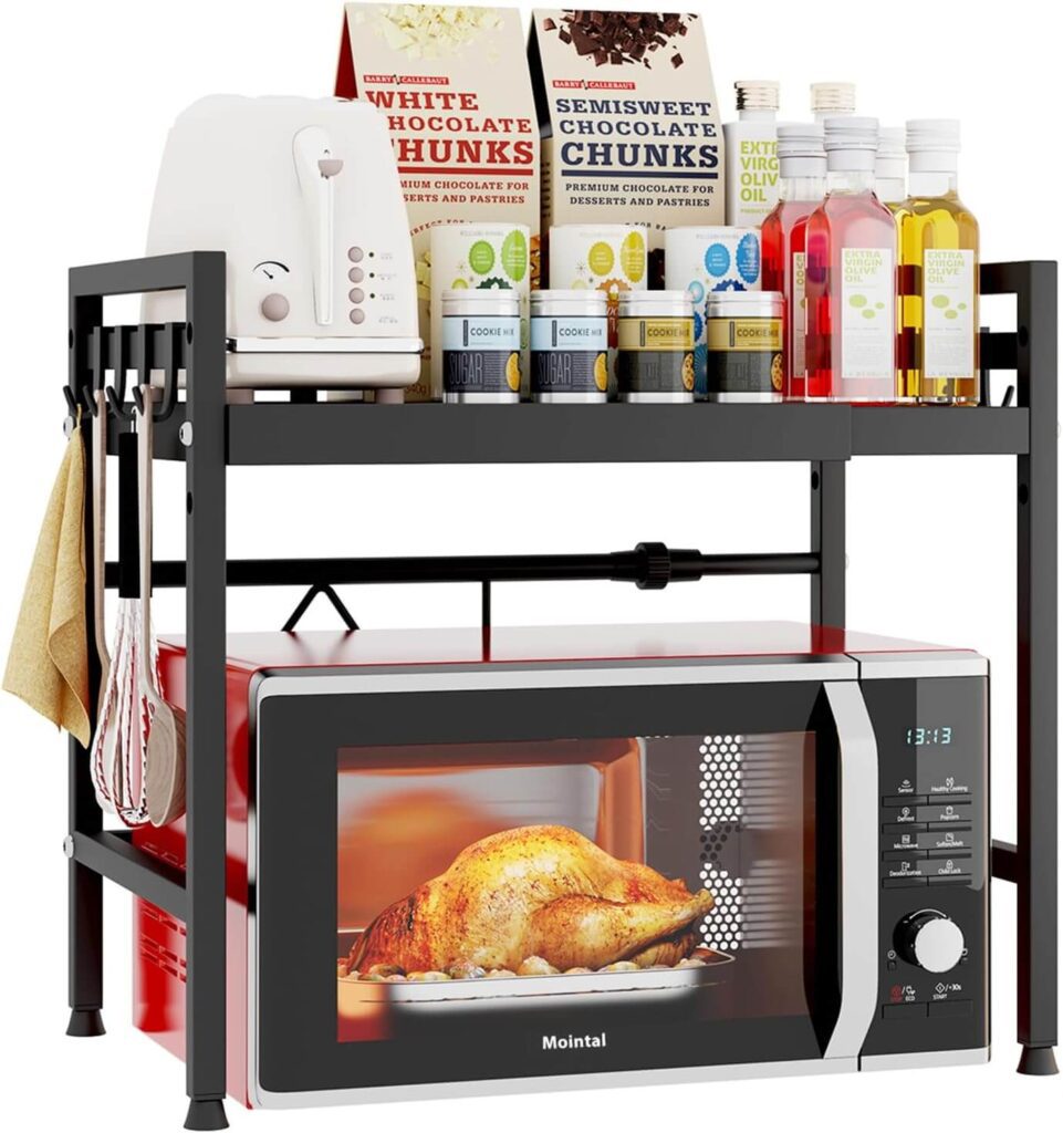Mointal Soporte Ajustable para Microondas de Cocina, Estante Expandible con 2 Niveles, Soporte Acero al Carbono, 8 Ganchos, Negro