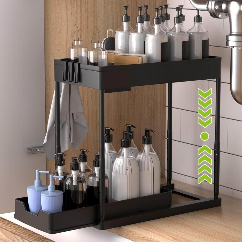 YOCOLE Elevable Organizador Bajo Fregadero 2 Niveles, Estante Almacenamiento Debajo Fregadero con 4 Ganchos y 1 Cesta Colgante