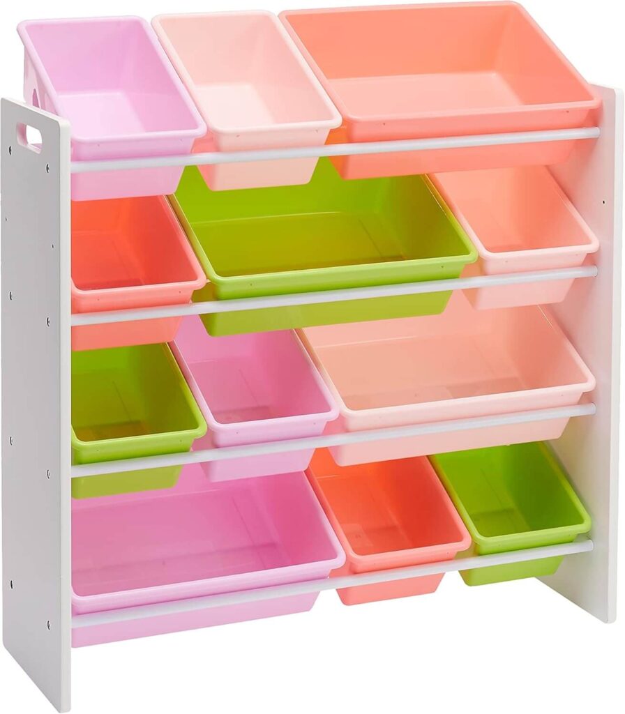 Amazon Basics Organizador de juguetes con 12 compartimentos de plástico, Madera Blanca Con Compartimentos Rosa