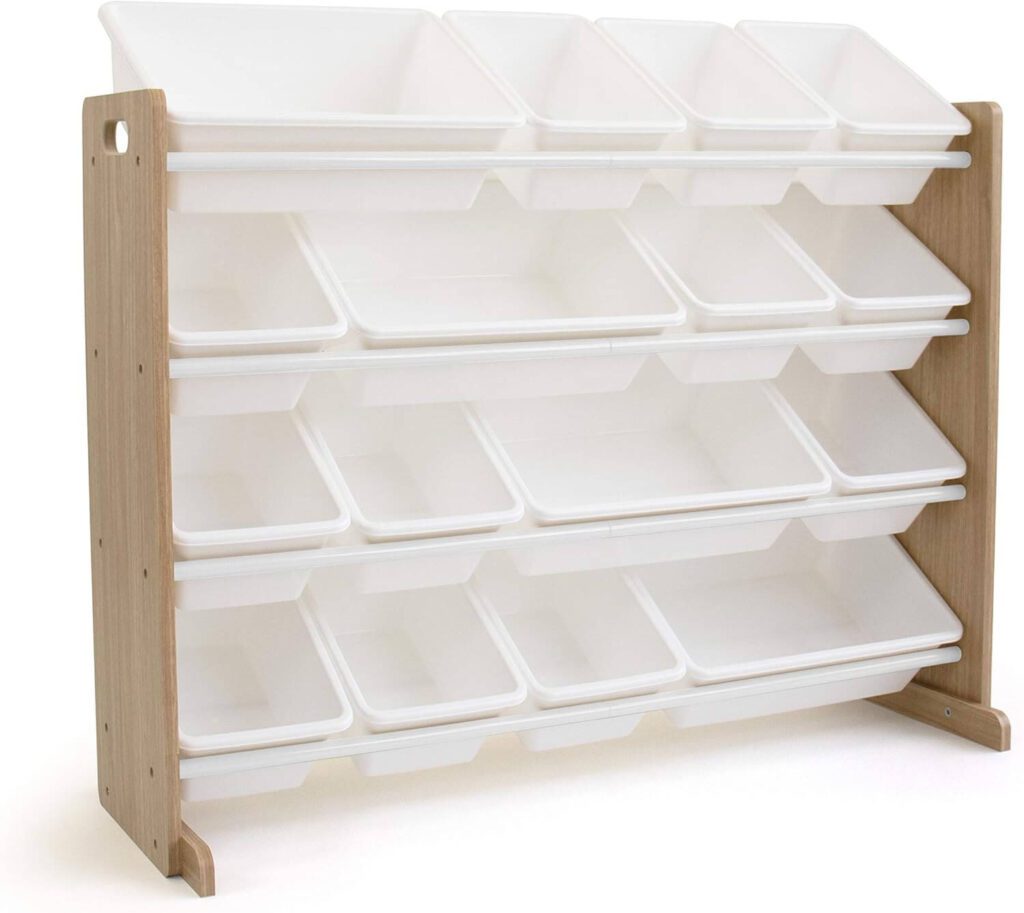 Humble Crew estantería para niños, organizador para juguetes con 16 cajas de almacenamiento, Color madera natural/blanco