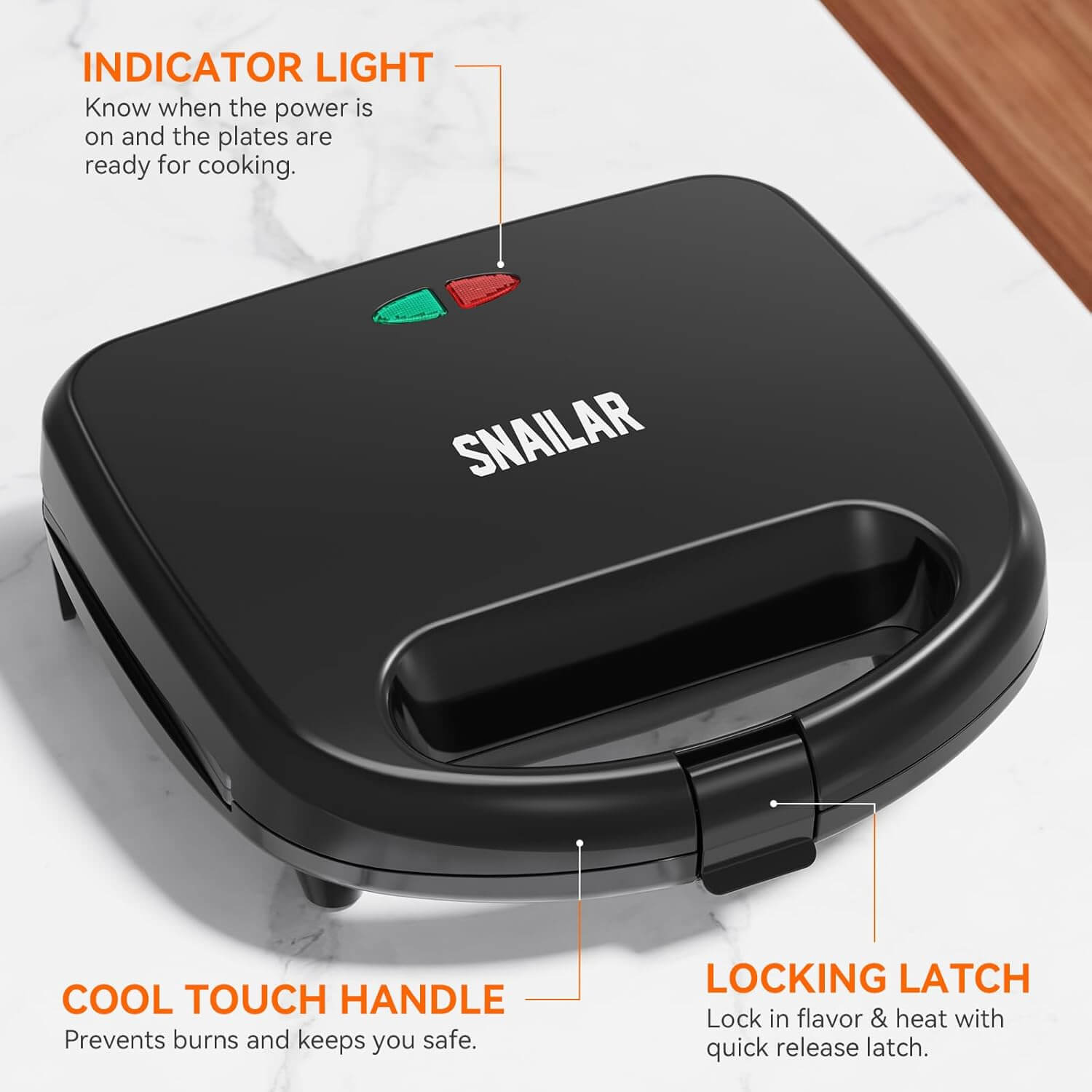 Sandwichera Snailar 750W, indicadores luminosos y asa de tacto frío